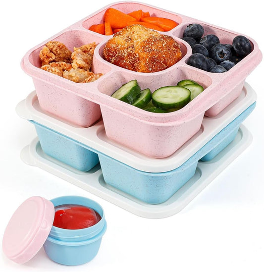 Original Lunchable Snack Containers - 5 Compartments Bento Snack Boxes with 1 Leakproof Small Containers, Wheat Straw, BPA-Free, Set of 2 (Bule+Pink)