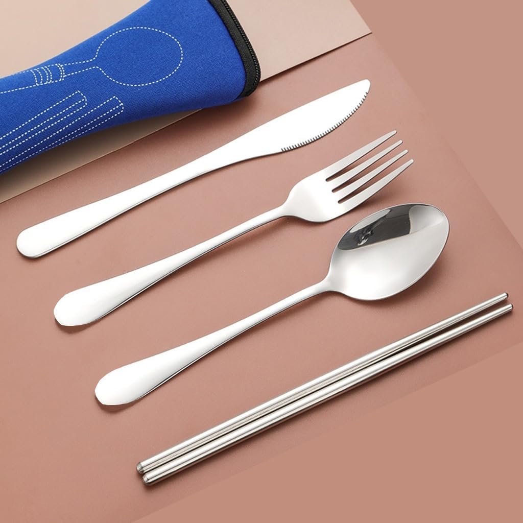 5PCS Portable Silverware Set with Case, Premium Stainless Steel Travel Camping Cutlery Set, Reusable Safe Flatware Sets for Lunch Box/Workplace/Students, Dinnerware with Carrying Case,Silver