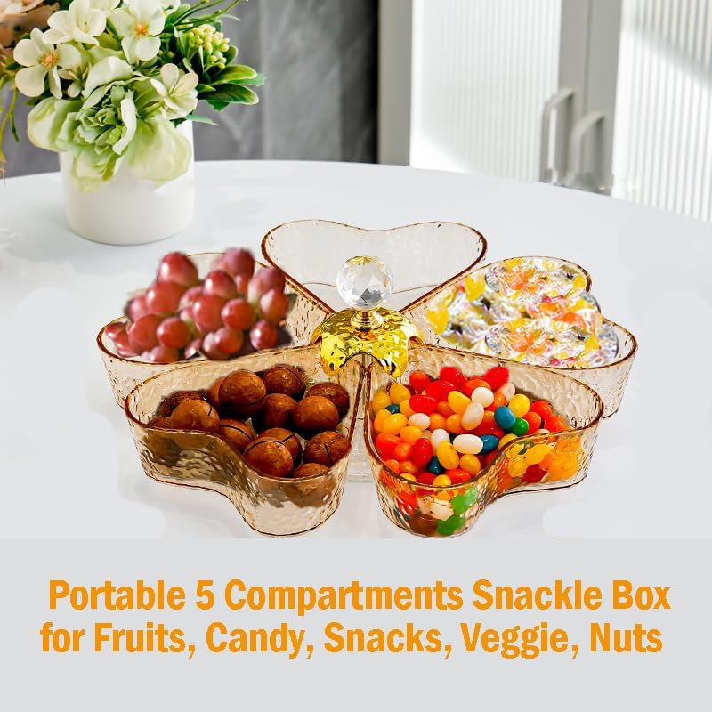 Divided Rotating Serving Tray with Lid and Handle, Portable 5 Compartments Snackle Box for Fruits, Candy, Snacks, Veggie, Nuts, Snack Spinner Organizer, Gold,11.2" L