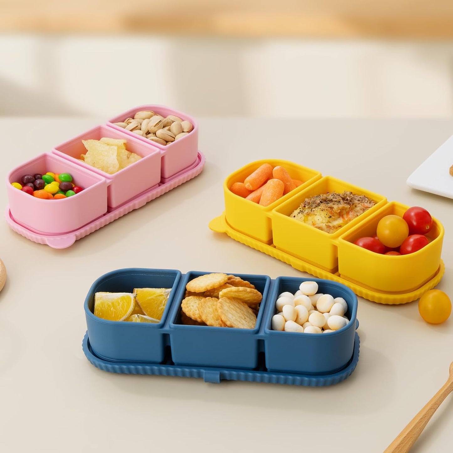Silicone Reusable Snack Containers with Lids, 4 Pack 3 Compartment Bento Snack Boxes, Leakproof Food Storage Containers for Meal Prep, Lunch, Fruits, Kids & Adults, Dishwasher Safe