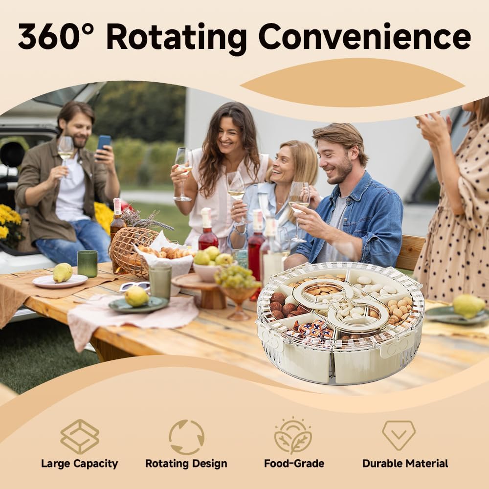 Koja Rotating Snackle Box Container with Lid - Portable Divided Serving Tray for Snacks, Nuts, Candy, Charcuterie, Veggies & Fruit - 360° Turntable Food Organizer (Beige, 7-Compartment)