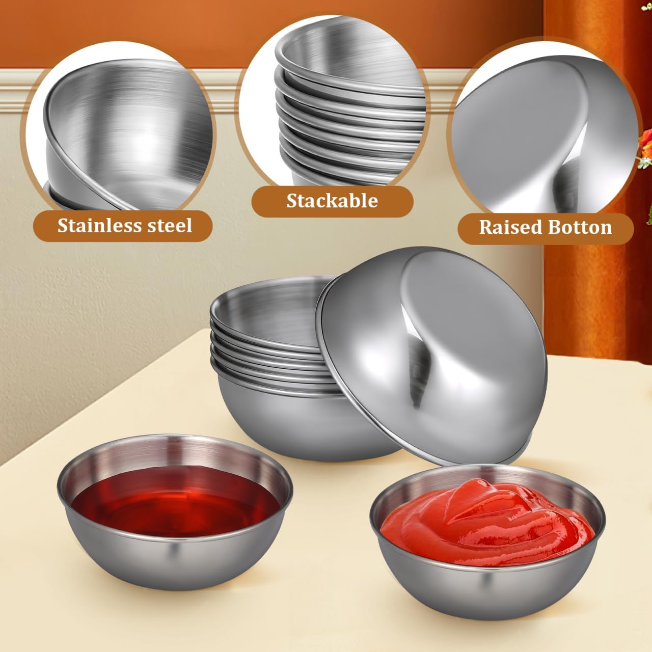 Healeved 8pcs Stainless Steel Sauce Dishes Round Seasoning Dishes Sushi Dipping Bowls Saucers Bowl Mini Appetizer Plates Seasoning Dish Saucer Plates Mini Bowls 3.15 Inch
