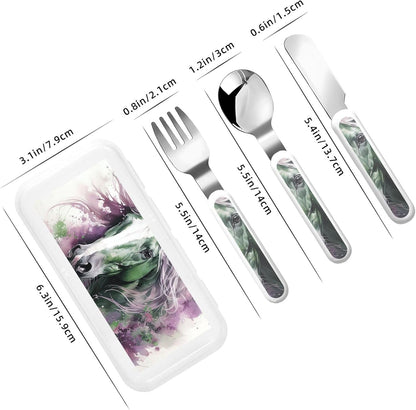 3-Piece Children Utensils Set Green Horse Knife Spoon Fork Set Stainless Steel Silverware Set Easy-Grip Reusable Utensils Set Child Flatware Set with Case for Lunch Travel