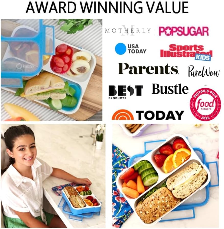 Bento Lunch Box Kids & Adults, Lunch and Snack Containers for Boys & Girls with 3 Compartments - School, Work Daycare, Meal Planning Portion Control Container, BPA-Free Boxes, Utensils, Blue 1 pack
