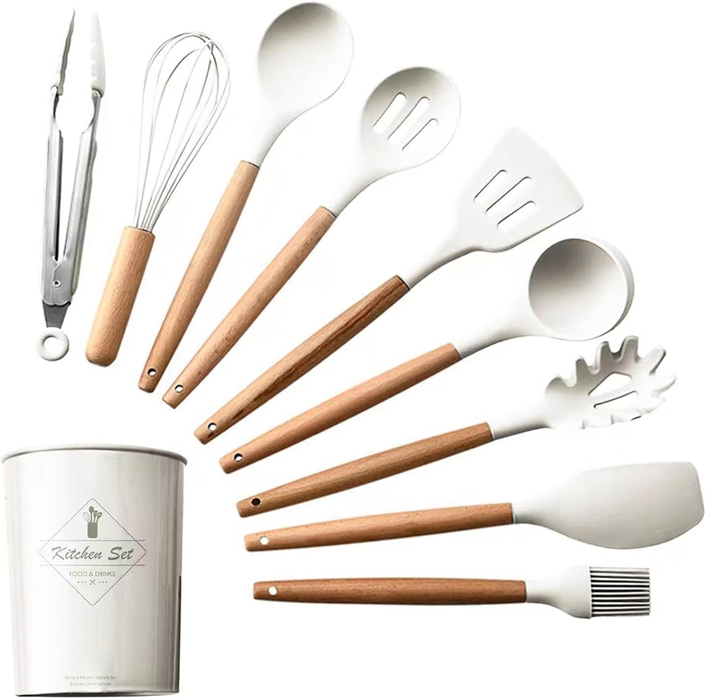 33-Piece Silicone Kitchen Utensil Set with Holder – Heat Resistant up to 446°F, Non-Stick Cooking Tools with Wooden Handles, Measuring Cups, Spatulas, Tongs, Whisk & More