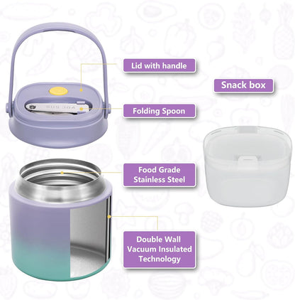 2 - in - 1 Soup Thermo for Hot Food 14oz with Snack Box Container Leak Proof Insulated Lunch Container Kids and Adults Stainless Steel Double Wall Vacuum Wide-mouth Thermal with Spoon and Handle