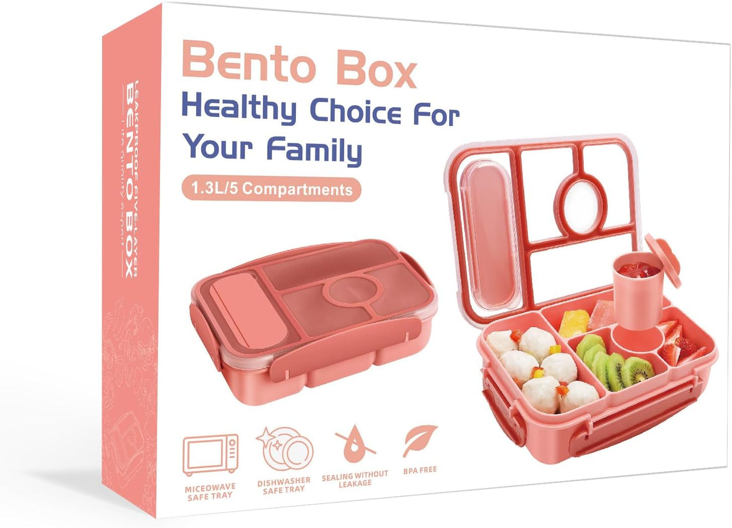 Amathley Bento Box Adult Lunch Box Kids,Lunch Containers for Adults/Kids/Toddler,5 Compartments Bento Lunch Box with Sauce Vontainers,Microwave & Dishwasher & Freezer Safe,BPA-Free (Blue)