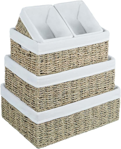 Water Hyacinth Shelf Baskets 4-Pack, Handwoven Wicker Bins with Removable Linen Liners – Divided Upper Compartment & Open Handles, Stackable for Pantry Bathroom Closet