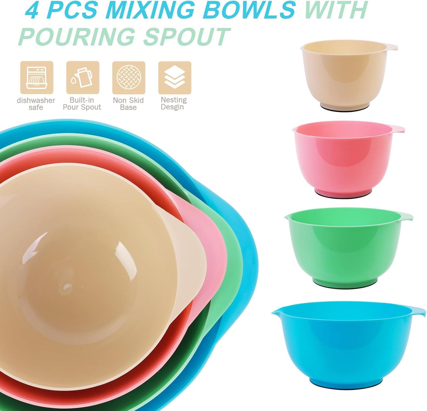 BoxedHome Nesting Plastic Mixing Bowl Set With Pour Spout, Microwave and Dishwasher Safe, BPA free Non-Slip Base, Set of 4 Size 1.7, 2.5, 3.5 and 4.5qt, Great for Prepping, Baking, Cooking (Dark Blue)
