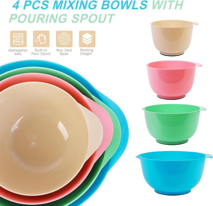BoxedHome Nesting Plastic Mixing Bowl Set With Pour Spout, Microwave and Dishwasher Safe, BPA free Non-Slip Base, Set of 4 Size 1.7, 2.5, 3.5 and 4.5qt, Great for Prepping, Baking, Cooking (Dark Blue)