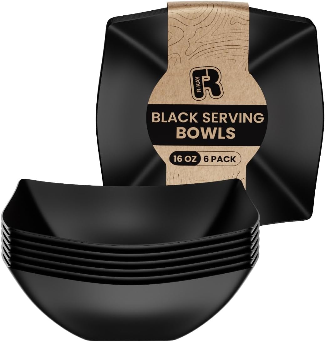 R-kay 6 Pack Square Plastic Serving Bowls - Clear Plastic bowls 16 Oz - Disposable Serving Bowls Heavy Duty For Weddings Catering And Birthday parties