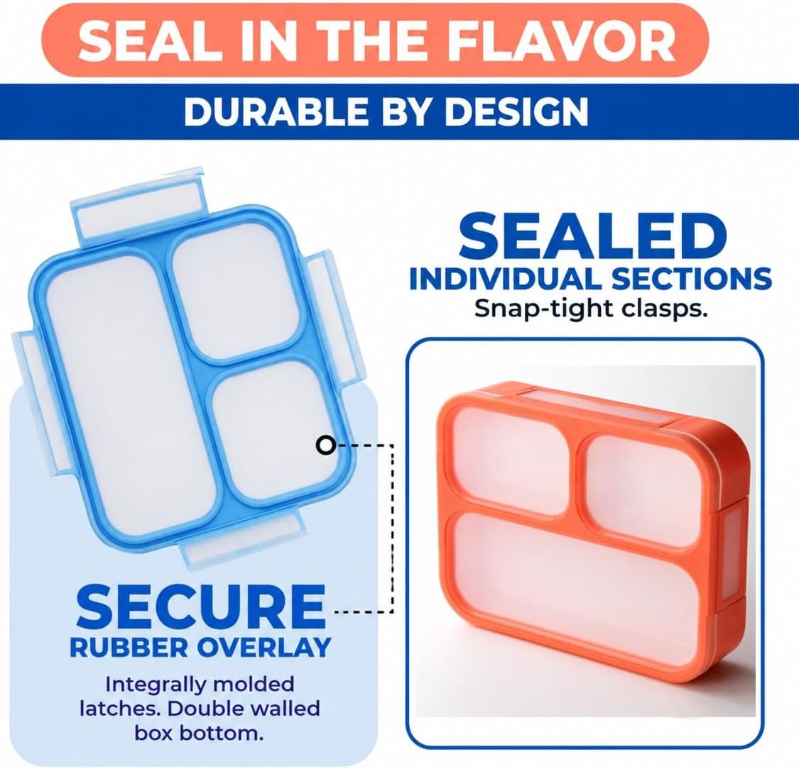 kinsho Bento Lunch-Box for Adults Kids Lunches, Portion Control Container Boxes for Women Girls Boys | Leak-Proof Snack Containers, BPA-Free Utensils 5 Compartments | Blue & Green 2 Pack Set