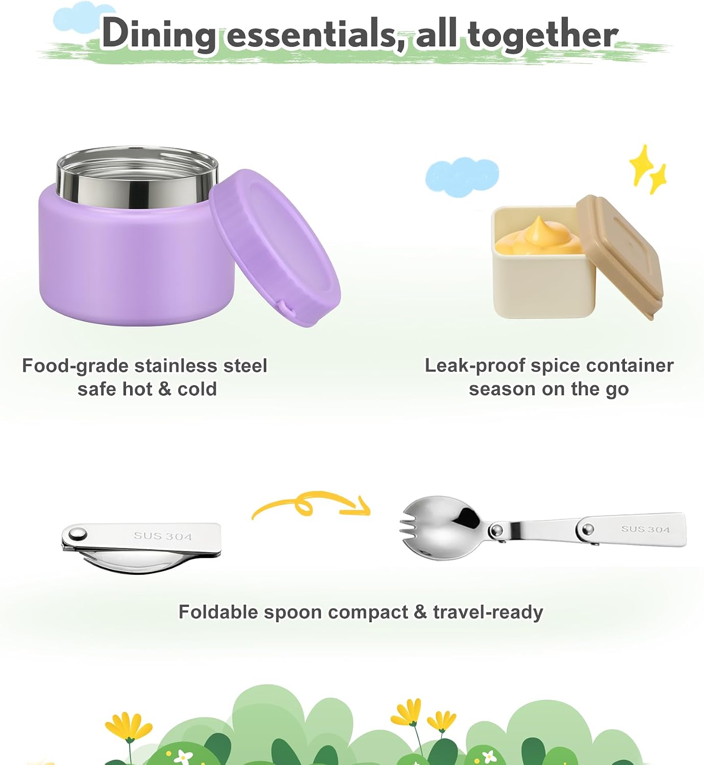 Lunch Box Kids with 5 Compartments, Insulated Food Jar & Utensils, Leak Proof Bento Box with Sauce Container, BPA-Free & Dishwasher Safe, Dinosaur Design(Purple)
