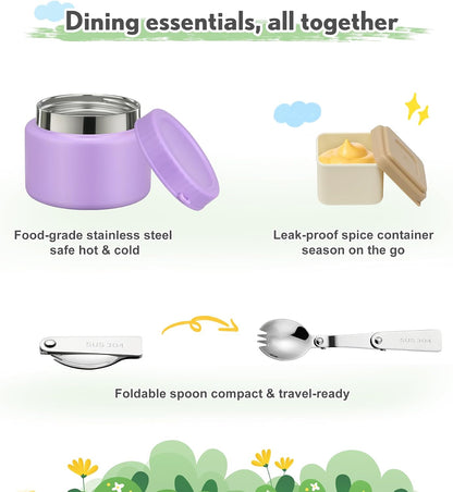 Lunch Box Kids with 5 Compartments, Insulated Food Jar & Utensils, Leak Proof Bento Box with Sauce Container, BPA-Free & Dishwasher Safe, Dinosaur Design(Purple)