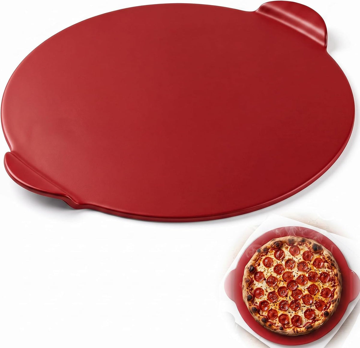 Geetery 14.5 Inch Glazed Ceramic Pizza Stone with Handles, Black