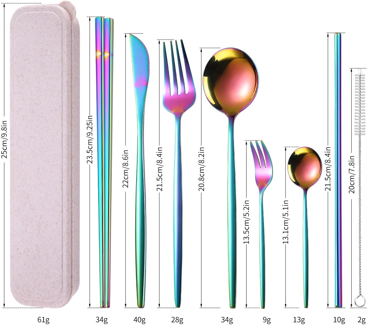 AARAINBOW 8 Pieces Stainless Steel Flatware Set Portable Reusable Cutlery Set Travel Utensils Set Including Chopsticks Knife Fork Spoon Straws Cleaning Brush Dishwasher Safe (Pink Golden)