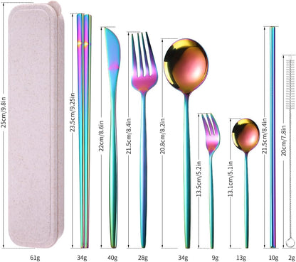 AARAINBOW 8 Pieces Stainless Steel Flatware Set Portable Reusable Cutlery Set Travel Utensils Set Including Chopsticks Knife Fork Spoon Straws Cleaning Brush Dishwasher Safe (Pink Golden)