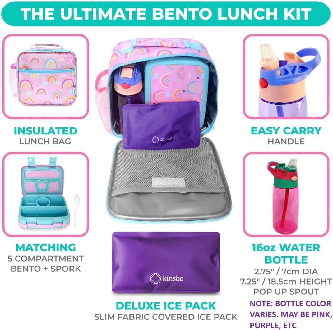 Bento Lunch Box with Bag, Water Bottle & Ice Pack Set for Kids Toddlers, 4 Portion Sections, Removable Tray, Pre-School Boy Toddler Daycare Lunches, Insulated Snack Container, Blue Space Dinosaur
