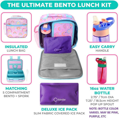 Bento Lunch Box with Bag, Water Bottle & Ice Pack Set for Kids Toddlers, 4 Portion Sections, Removable Tray, Pre-School Boy Toddler Daycare Lunches, Insulated Snack Container, Blue Space Dinosaur