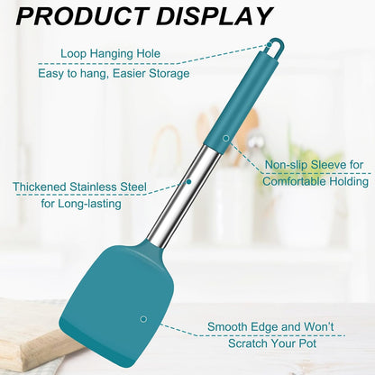 TeamFar Kitchen Utensils, 4 PCS Silicone Cooking Utensils Spatula Spoon Set with Stainless Steel Handle, for Frying Mixing Draining Turning, Healthy & Heat-proof, Non-stick & Dishwasher Safe - Black