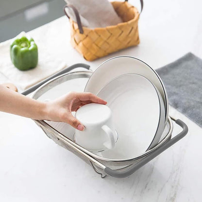 AJIODA Over The Sink Colander, 4 Quarts Stainless Steel Oval Colander with Expandable Rubber Grip Handle, Fine Mesh Strainer Baskets Kitchen Colanders for Strain, Drain, Rinse Vegetable, Fruits, Black