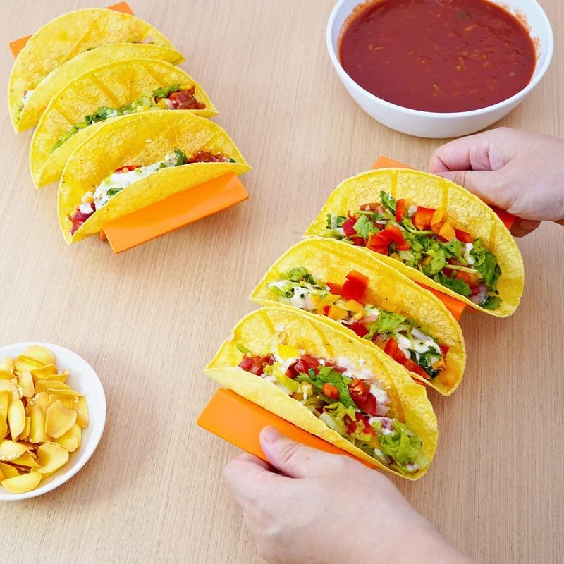 TP Taco Holder Stands, Set of 2 Melamine Large Taco Serving Rack Tray with Handle, Holds 3 Tacos, Dishwasher Safe, Ideal for Taco Night, Party, Home, Fiesta, Talavera Tile