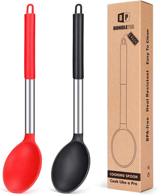 Pack of 2 Large Silicone Cooking Spoon Non Stick Solid Basting Spoons Heat-Resistant Kitchen Utensils for Mixing Serving (Gray-Blue)