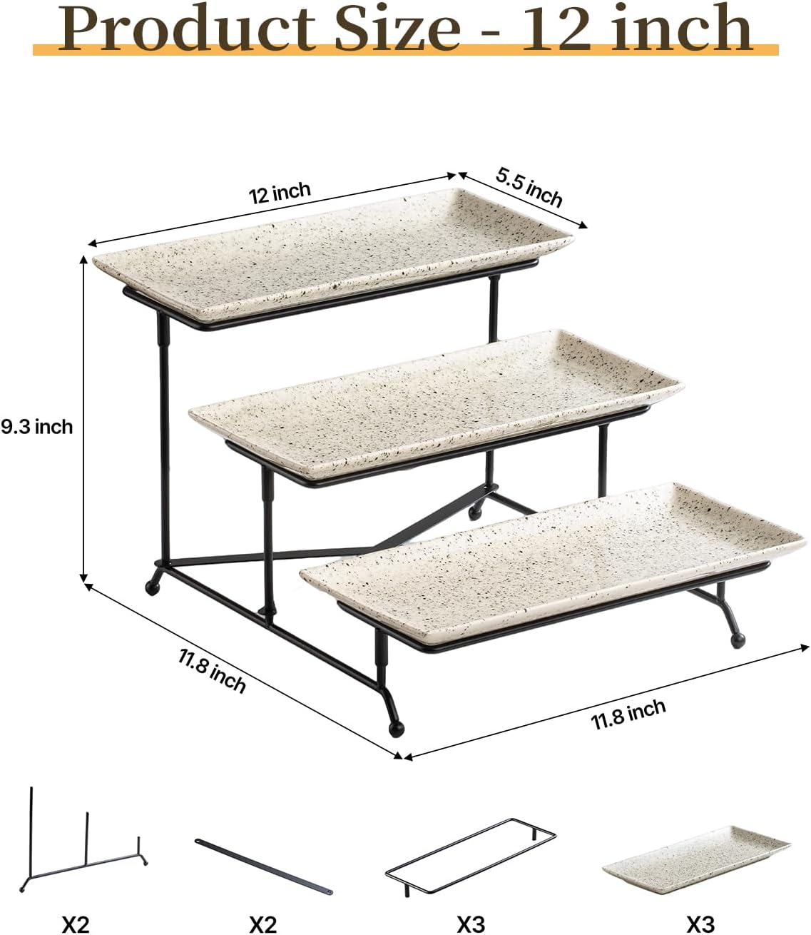LAUCHUH 3 Tier Serving Tray, Porcelain Serving Platter Tier Serving Stand with Collapsible Sturdier Rack, Serving Trays and Platters Dessert Party Display Set for Father's Day, Gold, 12 Inch