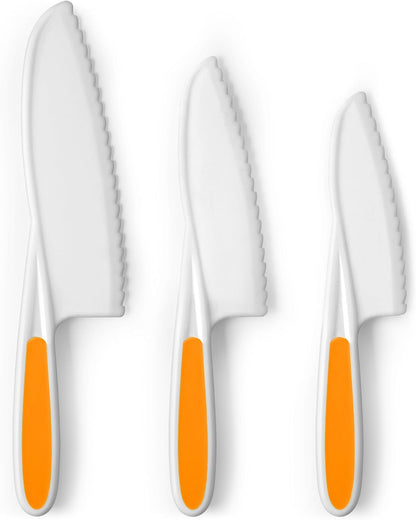 Zulay Kitchen 3-Piece Kids Knife Set for Real Cooking & Baking - Toddler Knives for Cutting Fruits, Veggies, & Cake - Children’s Montessori Knive with Serrated Edges - Safe & Fun Lettuce Knife (Red)