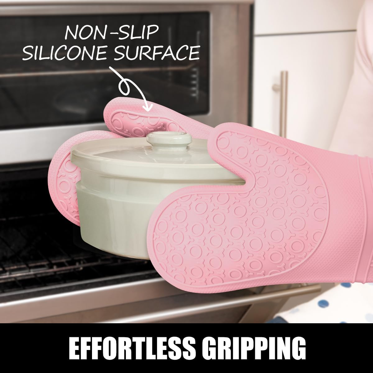 RORECAY Silicone Oven Mitts and Pot Holders Sets, Gloves for Kitchen, Beige