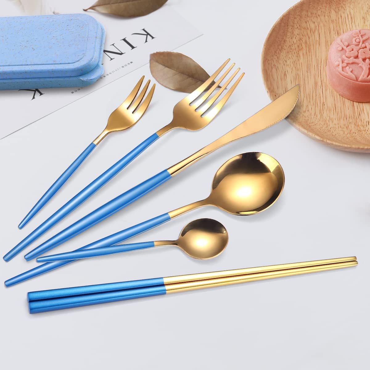 AARAINBOW 8 Pieces Stainless Steel Flatware Set Portable Reusable Cutlery Set Travel Utensils Set Including Chopsticks Knife Fork Spoon Straws Cleaning Brush Dishwasher Safe (Pink Golden)