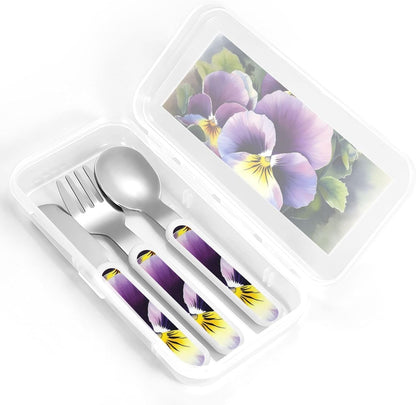 Stainless Steel Kids Silverware Set, Pansy Perfection Utensil Set Reusable Children Safe Knife Spoon Fork Set With Storage Case Dishwasher Safe For Lunch, Travel Outdoors
