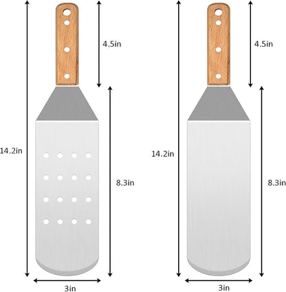 Metal Spatula Set, HaSteeL Stainless Steel Griddle Spatula Tools Kit with Wooden Handle, Heavy Duty Long Pancake Flipper Burger Turner for BBQ Teppanyaki Flat Top Grilling Cooking Outdoor & Indoor