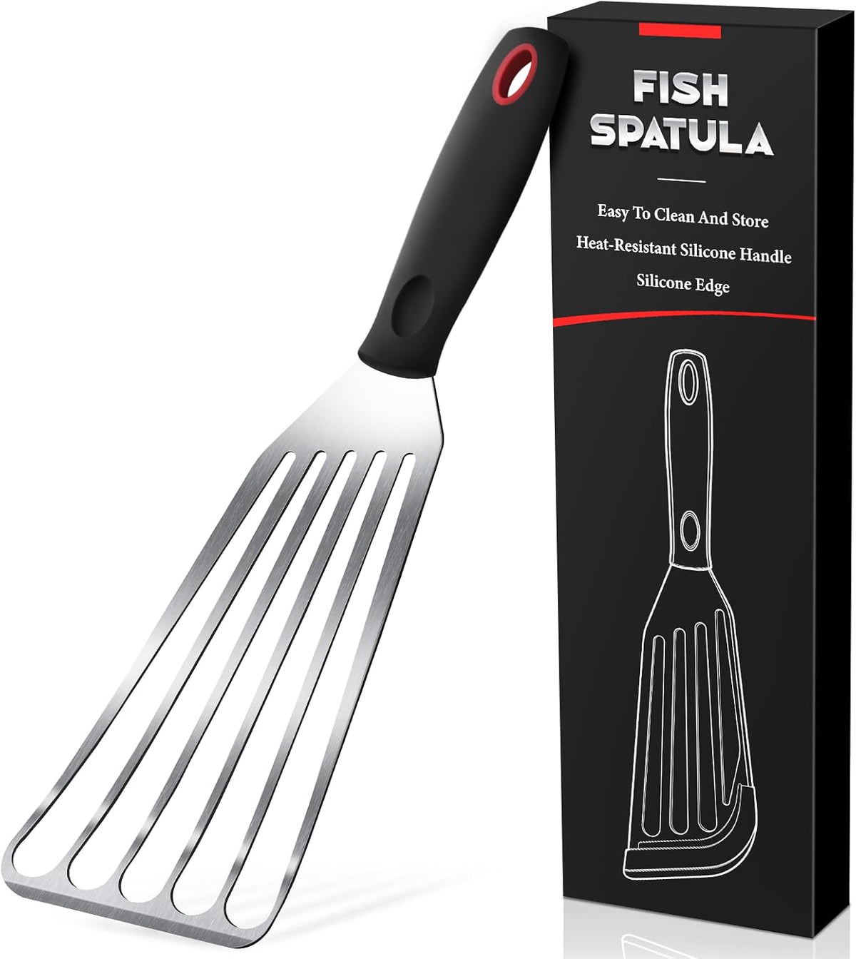 Silicone Fish Spatula, Heat Resistant Silicone Edge for Nonstick Cookware, Fish Turner for Kitchen Use, Flexible and Thin Stainless Steel Cooking utensils, Perfect Slotted Spatula for Egg, Pancake