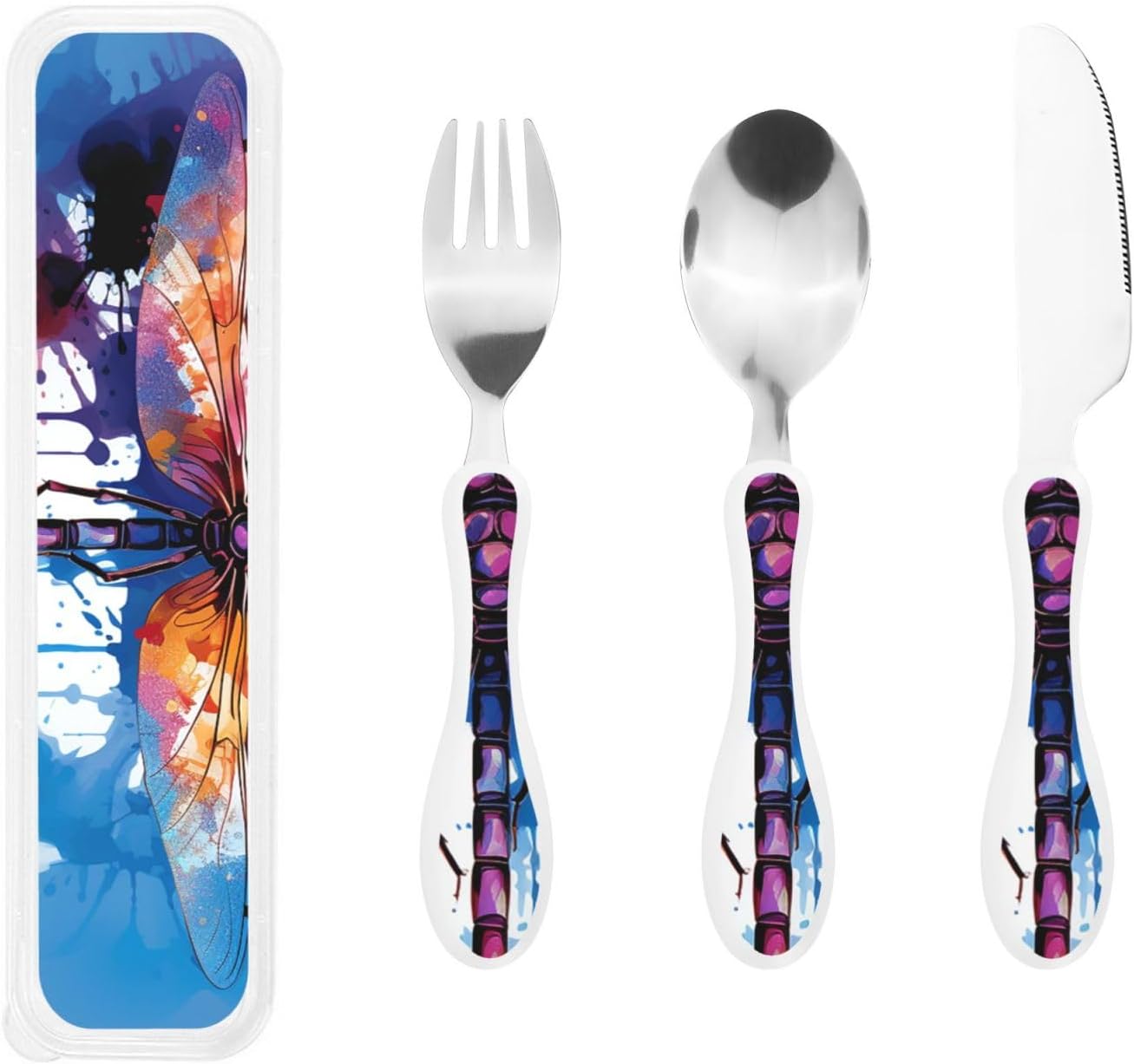 3-Piece Kids Silverware Set With Storage Case, Stainless Steel Reusable Children Safe Knife Spoon Fork Set Colorful Abstract Dragonfly Children Flatware Set For Kids Lunch Box
