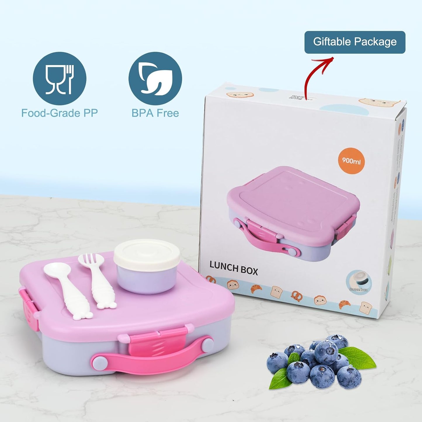 Bento Box for Kids School Lunch Box with Utensils and a Dipping Bowl, Leak-Proof 4 Compartments with Carrying Handle, BPA-Free Bento Box for Girls and Boys in School, Preschool, Daycare (Purple)