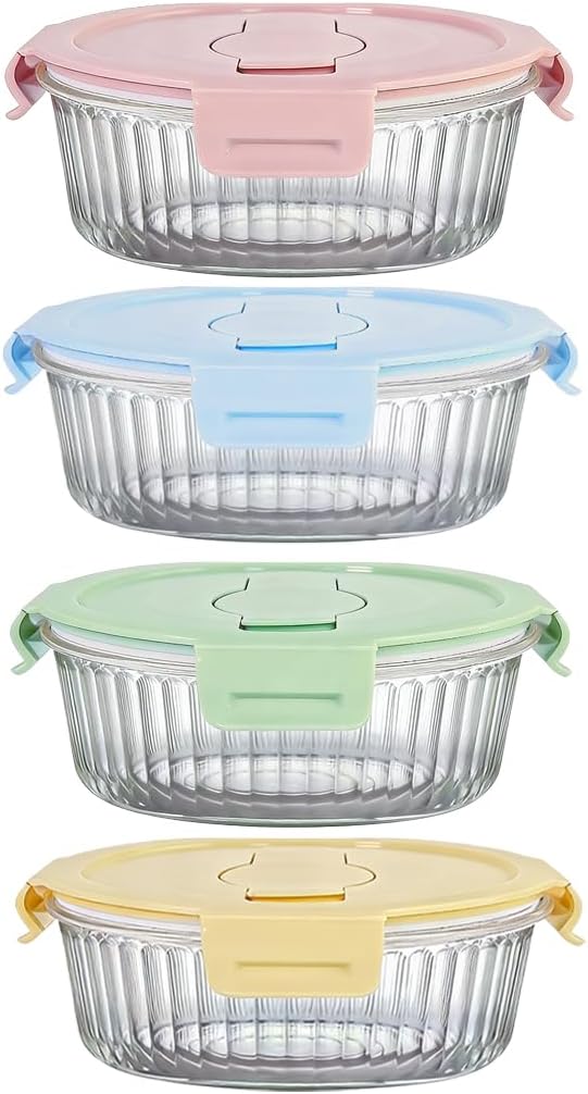 Small Round Glass Food Storage Containers with Lids, 1.5 Cup Round Food Containers set BPA-Free, 12oz Glass Lunch Bowls for Soup Leftover, Microwave, Dishwasher and Freezer Safe (4pack)