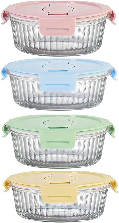 Small Round Glass Food Storage Containers with Lids, 1.5 Cup Round Food Containers set BPA-Free, 12oz Glass Lunch Bowls for Soup Leftover, Microwave, Dishwasher and Freezer Safe (4pack)