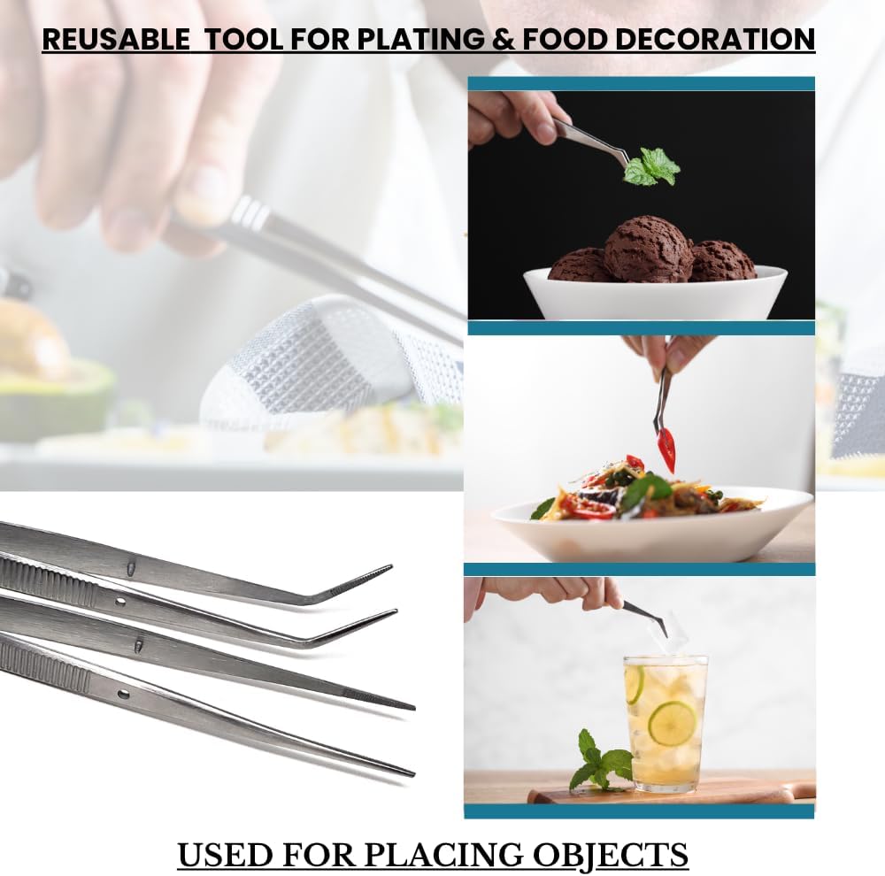 Food Plating Tweezers Culinary Kitchen Tongs Straight + Angled Tips 6" Long for Cookie Cake Decorating/Baking/Cooking Made of Stainless Steel with Fine Serrations Kitchen Utensils