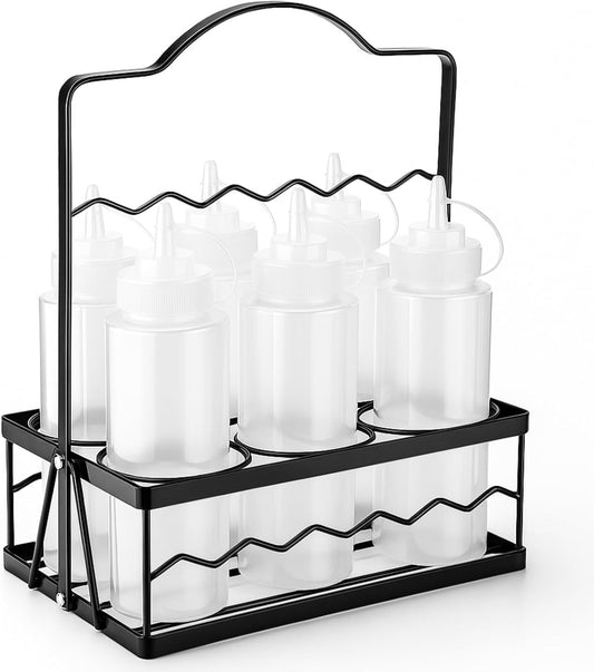 Kathfly Condiment Caddy with 6 Squeeze Bottle, 16 oz Squeeze Bottle Holder Countertop Organizer for Kitchen, Bar, BBQ, Picnic Steel Holder with Portable Handle, Food Grade PE Bottles