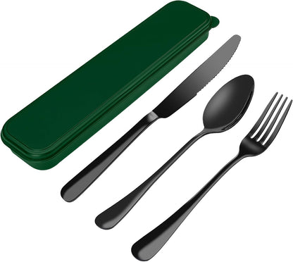 Portable Travel Utensils Set, 18/8 Stainless Steel 3 PCS Cutlery Set Including Knife Fork and Spoon, Reusable Travel Silverware Set with Case for Lunch Box Camping School Office