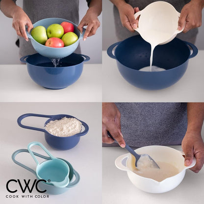 COOK WITH COLOR Nesting Bowls with Measuring Cups Colander and Sifter Set - Includes Mixing Bowls, Colander, Sifter and Measuring Cups, Navy, 8 Pc Bowl