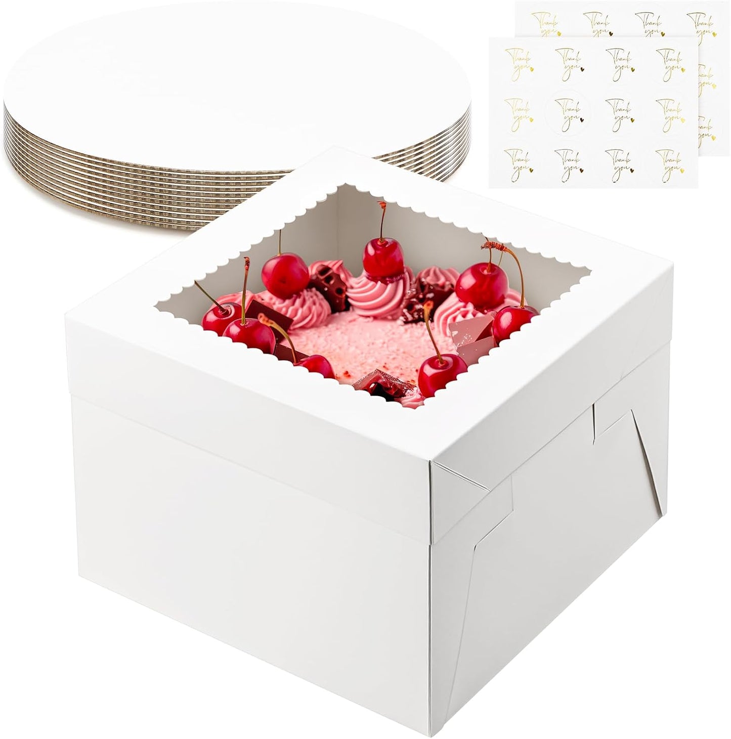 ZORRITA 2 Pack Cake Boxes, 10 x 10 x 8 Inches Tall Cake Boxes with Cake Boards, Disposable Cake Containers with Lids and Window for Wedding, Birthday, Party