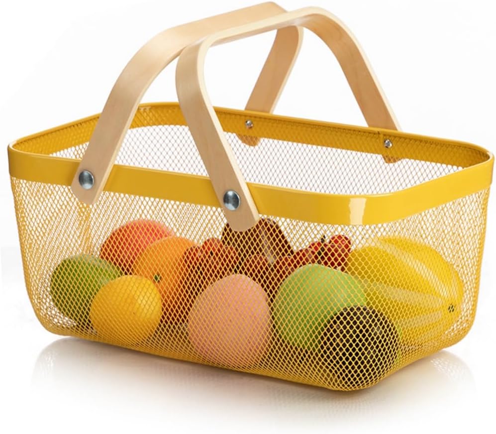 Portable Mesh Harvest Basket - Natural Bamboo Handle Foldable Organizer for Kitchen, Garden & Picnic | Ventilated Storage Bin with Rust-Proof Wire, Space-Saving Farmhouse Decor (Pink)