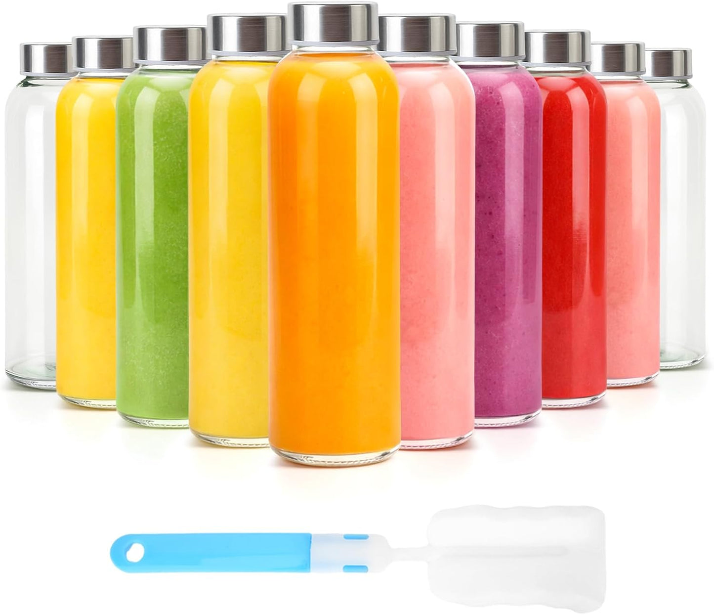 Clear Glass Bottles with Lids 18 oz, Reusable Glass Water Bottles with Stainless Steel Cap for Refrigerator, Juicing, 100% Leak Proof, BPA Free, Juice Bottle Drinking Jar Containers Set of 6