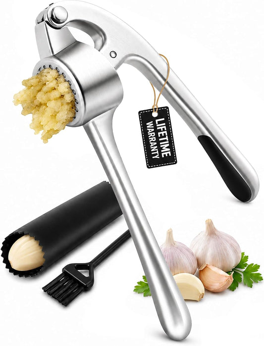 CUNSENR Garlic Press and Peeler Set, Heavy Duty Mincer with Brush, Silver