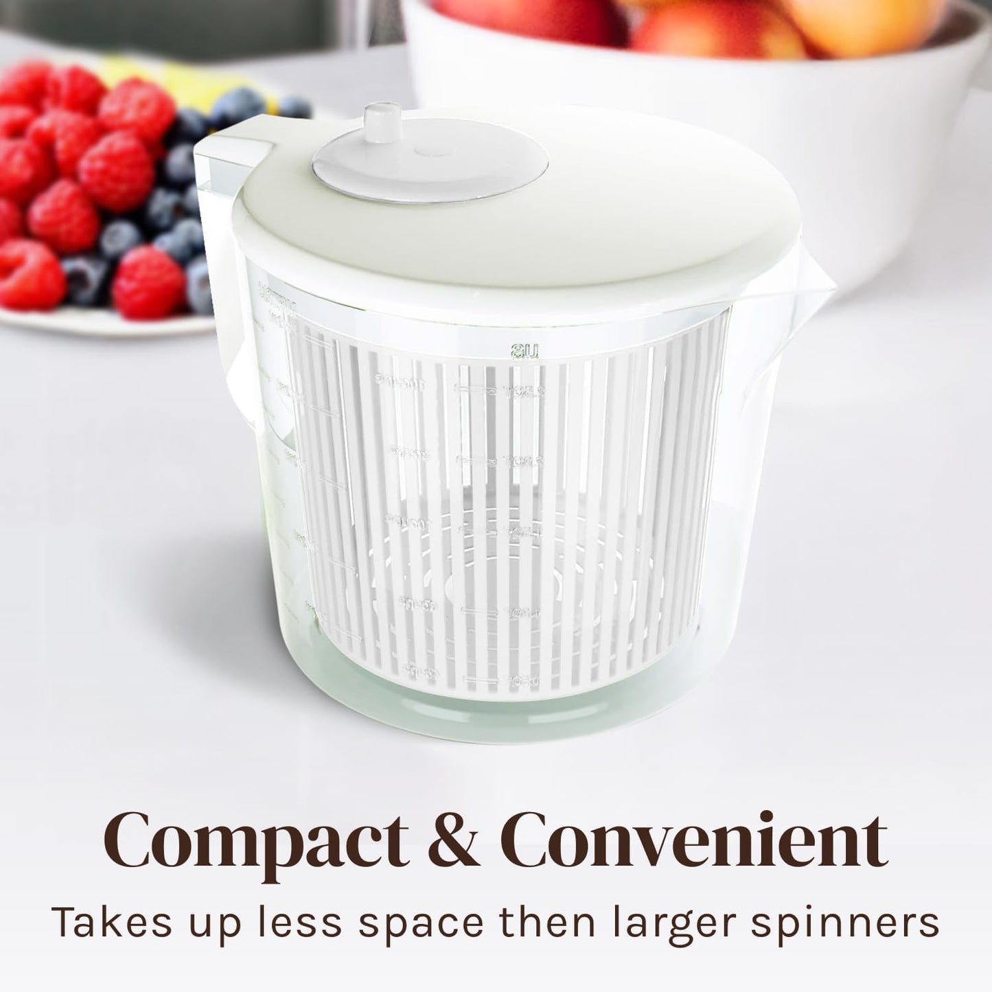 Cooler Kitchen Small Salad Spinner — Mini Lettuce Spinner and Dryer with Measuring Cup Bowl — Compact Veggie & Fruit Washer, Salad Dryer Spinner — Dishwasher Safe, BPA-Free