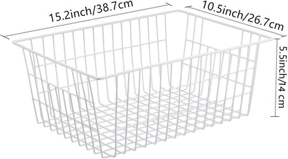 Redrubbit Wire Storage Baskets, Large Farmhouse Metal Freezer Basket Storage Organizer Bins with Handles for Kitchen Cabinets, Pantry, Closets, Bedrooms, Bathrooms, Set of 6, White