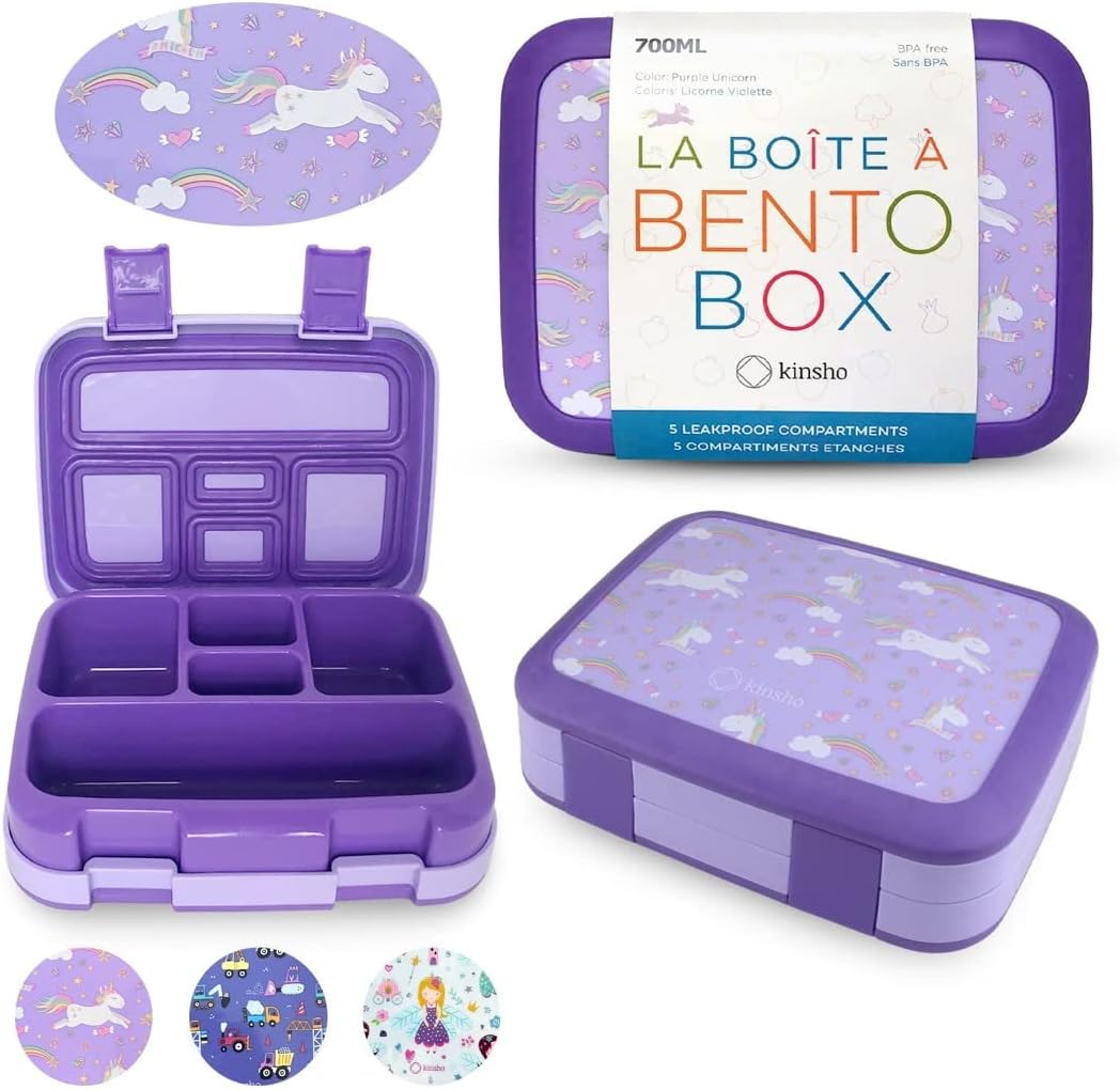 Kinsho Bento Lunch Box for Kids Toddlers, 5 Portion Control Sections, BPA Free Removable Plastic Tray, Pre-School Kid Toddler Daycare Lunches, Snack Container Ages 3 to 7 (Blue Space Rockets)