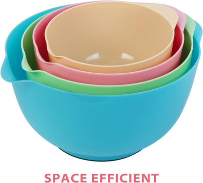 BoxedHome Nesting Plastic Mixing Bowl Set With Pour Spout, Microwave and Dishwasher Safe, BPA free Non-Slip Base, Set of 4 Size 1.7, 2.5, 3.5 and 4.5qt, Great for Prepping, Baking, Cooking (Dark Blue)